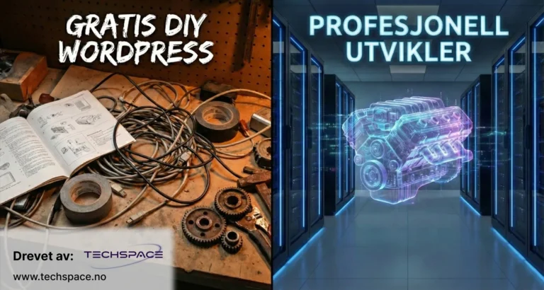 Split comparison image showing messy FREE DIY WORDPRESS workbench versus sleek PROFESSIONAL DEVELOPER server room engine
