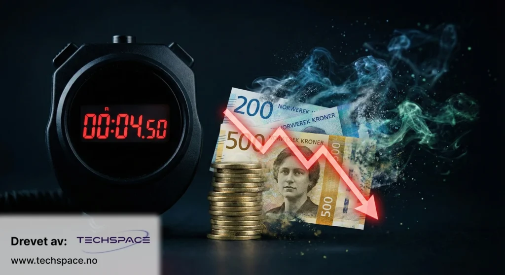 Stoppur som visar långsam tid som får norska kronan att lösas upp med en nedåtgående trendpil